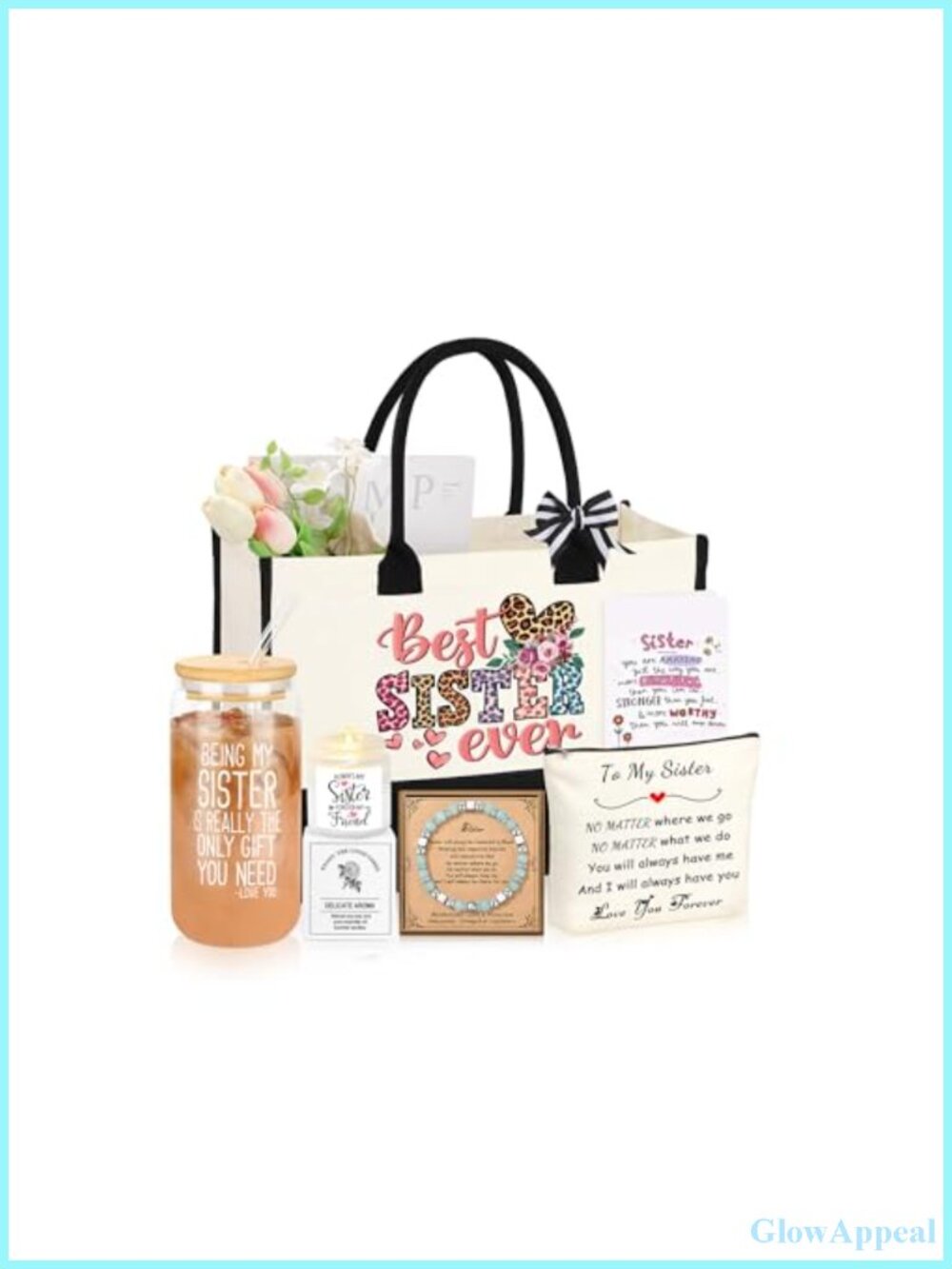 Sister Gift Set with Canvas Tote, Makeup Bag, Glass Cup, Bracelet, Candle